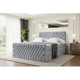 altdecor Boxspringbett mit Fußteil, 2 Matratzen und Topper - 120x200 cm - SERENE-Z KING - Hellgrau Samt - Polsterbett mit, H3- und H4- Matratzen, Bettkasten und Lattenrost, Bett mit Stauraum - Hellgrau