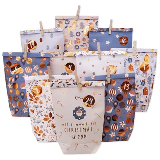 Papierdrachen Adventskalender 2025 – 24 bedruckte Papiertüten zum Selbstbefüllen - Hyggewald - 24 Zahlensticker und Holzklammern - 6 Designs - Weihnachten