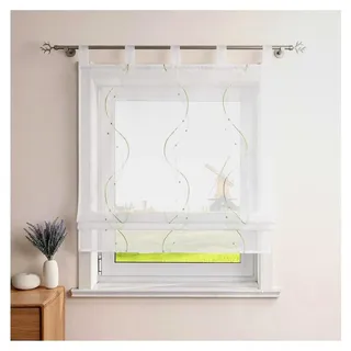 Raffrollo Landhaus Raffgardine Küche Modern Schlaufenrollo Leinenoptik mit Wellenmuster Transparente Rollos Kurz Fenster Schal Grün B/H 120/140 cm
