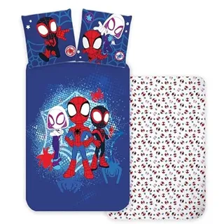 Spidey Super-Freunde Babybettwäsche 100x135 + Kissenbezug 40x60 Baumwolle | Baby-Bettwäsche | Kinderbett 60x120 & 70x140 | Trio im Einsatz am Himmel | Marvel