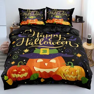 Luowei Halloween Bettwäsche 135x200 mit Kürbis Laterne 3D Design, Weich und Kuschelig, Microfaser, 2-teilig für Kinder, Jungen & Mädchen, Geschenk mit Reißverschluss und 80x80 cm Kissenbezug