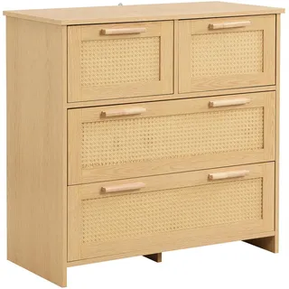 Urban Meuble Sideboard Rattan kommode mit 4 Schubladen & Massivholz Griffen , Holzwerkstoff, Naturmaterialen , Rechteckig , 80x80x38 cm , Kleinmöbel, Kommoden, Sideboards
