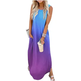 CHUNTIANRAN Damen Maxikleid Sommer Casual Sommerkleid Ärmellos Lange Kleider Hawaii Strand Maxikleid mit Taschen, Steigung: 9, X-Groß