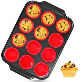 Toptrend Muffinform Silikon mit Metallrahmen, Muffin Backblech 40 x 27 cm, beschichtet, Standardgröße, Cupcake Formen, Muffinblech für 12 Muffins, Rot