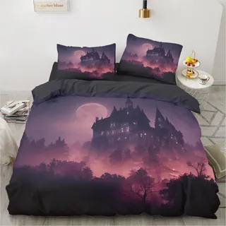 Luowei Halloween Bettwäsche 135x200 Schloss Mond Lila 3D Gothic Bettwäsche Halloween Weich Microfaser Bettwäsche 2teilig für Kinder Teenager Geschenk mit Reißverschluss und 80x80 cm Kissenbezug