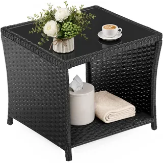 WOLTU Polyrattan Gartentisch, mit Glasplatte offenem Fach, 45x40x45 cm | Beistelltisch outdoor, Balkontisch wetterfest, für Picknick Garten Terrasse Balkon