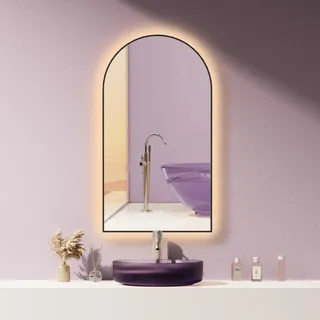 HOKO Antibeschlag LED Bogenspiegel 50x90 cm / 90x50 cm Dallas mit Schwarzer Metallrahmen, HOCH+QUER Montage. Arch Badspiegel+Touch Schalter+Licht Wechsel 2700-6500K, Warmweiß-Kaltweiß-Neutral