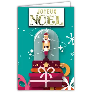 AFIE Karte Frohe Weihnachten, Collage, Relief, glänzend, mit Umschlag, 12 x 17,5 cm, Nussknacker, Prinz König Soldat, Holz, Spieluhr, Geschenke, Sterne, Schneeflocken, Illustration, beste Wünsche zum