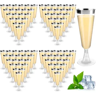AKOLAFE 100 Stück Sektgläser 160ml Plastik Sektgläser BPA -Frei Mehrweg Transparentes Sektglas Mit Silbernem Rand Günstiger Sektkelch Stapelbare Champagnergläser für Hochzeiten, Geburtstage, Partys