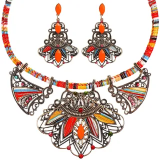 VALICLUD Bohemian Schmuckset Damen Harz Halskette Und Ohrringe Set Bunter Böhmischer Stil Statement Schmuck Für Hochzeit Geburtstag Und Alltag