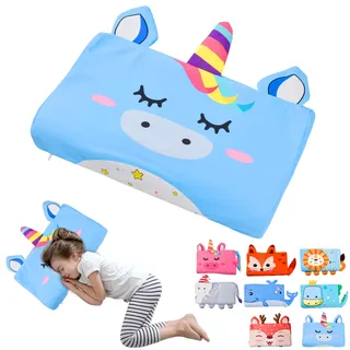 YAOZUP Schlummerkids Kissen, Calmly Kinderkissen 46x26cm, Kinderkopfkissen, Kinderkissen, Komfortkissen Kinder, Ergonomisches Kissen Kinder für weiche Träume (Blaues Einhorn)