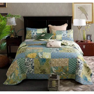 Qucover Tagesdecke Patchwork 240x260cm aus Baumwolle Gesteppte Patchworkdecke im Vintage Stil Größe Bettüberwurf für Doppelbett Zweiseitig Design Set mit 2 Kissenbezüge Geeignet für Sommer