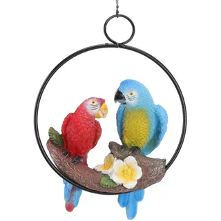 Hängende Eisenring Papageien Deko, Papagei Vogel Figur Skulptur, 40cm Harz Simulations Verzierungs Statue, Eisenring Ara Luft Papagei Vögel Handwerks Dekoration Wanddeko für Patio Balkon Garten