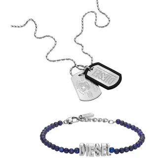 Diesel Herren Font Halskette und Armband aus silberfarbenem Edelstahl, Set