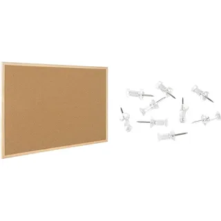 Raylu Paper® - Natürliche Korkplatte mit Rahmen aus Kiefernholz, Pinnwand mit Montageset. (60 x 40 cm) & Amazon Basics Reißzwecken, transparenter Kunststoff-Kopf, Stahlspitze, 100 Stück