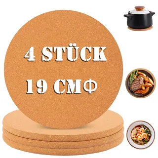 4 Pack Topfuntersetzer Kork, Rutschfester Hitzebeständiger Untersetzer, 19 cm Holz Korkuntersetzer, Wiederverwendbar Hitzebestaendig Untersetzer Kork für Zuhause Küche Wohnzimmer