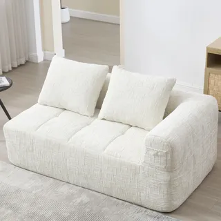 Zweisitzer Sofa Beige Couch ohne Montage 2-Sitzer Loungesofa mit Chaiselongue 1 Kissen Seitentasche Wohnlandschaft klein modern flauschig - Beige
