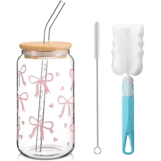 LINYIJOY Glas Trinkbecher mit Deckel und Strohhalm, 16 oz Trinkgläser Bubble Tea Becher Iced Coffee Glas, Rosa Schleife Glasbecher Bow Glasbecher Vielseitiges Trinkglas für Kaffee, Cocktails und Mehr