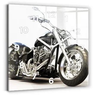 Wallfluent Wanduhr – Stilles Quarzuhrwerk - Uhr Dekoration Wohnzimmer Schlafzimmer Küche - Zifferblatt - weiße Zeiger - 30x30 cm - Schwarzes Motorrad - Schwarz