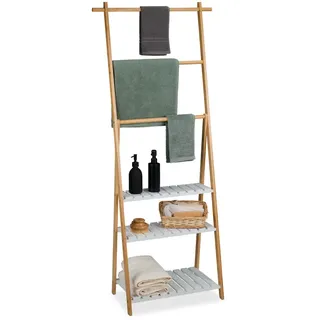 Relaxdays Handtuchständer, 3 Stangen, 3 Ablagen, HBT: 151 x 64,5 x 32 cm, Bambus, MDF, Bad Duschtuchhalter, natur/weiß