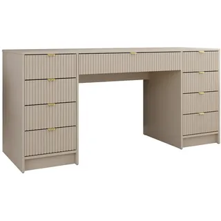 Mirjan24 Schreibtisch Tireno Bis, Schlafzimmer Kosmetiktisch mit neun Schubladen, Goldfarben Aluminiumgriffe (Farbe: Sandbeige) - Beige