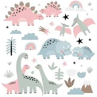 Wallfluent Wandaufkleber 100x148cm - Dino-Familie , Multicolor , Kunststoff , Rechteckig , 100x148x0.1 cm , Tapeten & Wandverkleidungen, Wandtattoos & Sticker, Wandtattoos