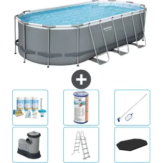 Bestway Oval Power Steel Swimmingpool – 549 x 274 x 122 – Grau – inklusive Pumpe – Leiter – Abdeckung Wartungspaket - Filter - Reinigungskit