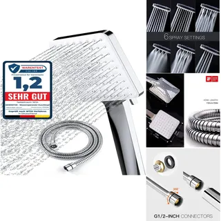 Newentor Duschkopf [TESTSIEGER], Eckig Duschkopf Hochdruck Duschbrause Handbrause mit 6 Strahlarten, Silber mit Schlauch, 1,5M,