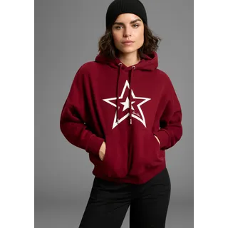 Kapuzensweatshirt KANGAROOS, Damen, Gr. 40/42, rot (bordeaux), Sweatware, Obermaterial: 80% Baumwolle, 20% Polyester, oversize hüftlang, Rippbündchen, Sweatshirts Kapuzensweatshirt, mit Stern-Print