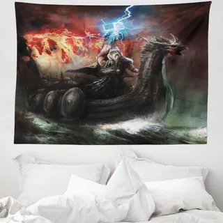 ABAKUHAUS Drachen Wandteppich, Wikinger-Boot Stürmische See aus Weiches Mikrofaser Stoff Waschbar ohne Verblassen Digitaldruck, 150 x 110 cm, Mehrfarbig