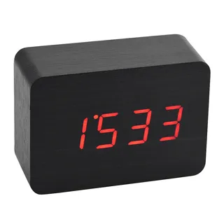 LED-Holzwecker, Weckfunktion/Sprachsteuerung und Dauerlichtmodus/Digitales Schreibtischthermometer Klassischer Timer, Digitaler Wecker (Schwarzes Holz + rotes Licht)