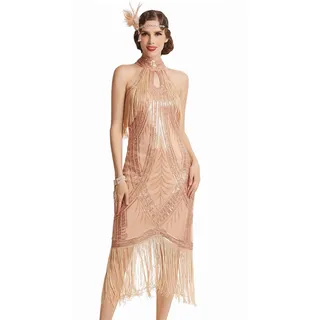 BABEYOND 1920er Jahre Flapper Kleid Langes Fransen Gatsby Kleid Vintage Art Deco Kleid, Rosegold, Klein