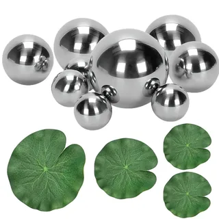 YUESIKJ 9er Dekokugel Schwimmkugeln Silber Edelstahl Dekokugel Silber mit 4 Schwimmend Lotusblätter Schwimmkugeln Teichkugeln für Teich Miniteich Zierbrunnen Metallkugel Gartenkugel Garten Deko Kugel