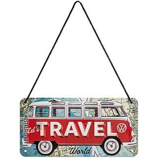 Nostalgic-Art Retro Hängeschild, 10 x 20 cm, VW Bulli – Travel The World | Original Volkswagen Lizenzprodukt (OLP), aus Metall, Vintage Design, Blechschilder Sprüche, Geschenk-Idee für VW Bus Fans