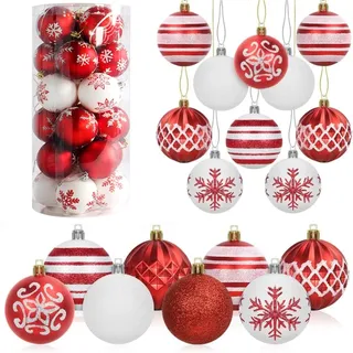 LATERN 24 Stück Weihnachtskugeln, 6CM Rote und Weiße Weihnachtskugel Ornamente Bruchsichere Aufhängen Weihnachtskugeln für Weihnachtsbaum Feiertage Heim Weihnachten Party Dekoration (8 Stile)