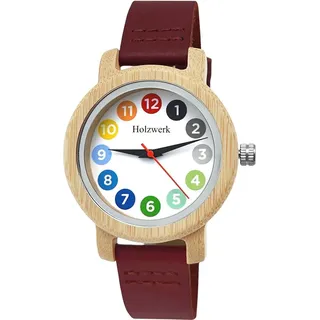 Holzwerk RAINBOW RED bunte kleine moderne Damen Leder & Holz Uhr in weiß, rot