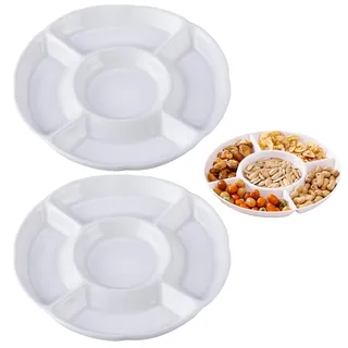 XUEHOU 2 Stück Snackteller Runden Snackschale Süßigkeiten Schale Snackteller mit Fächern Snacktablett 5 Fach Obstteller Wiederverwendbar Weißer für Nüsse Desserts