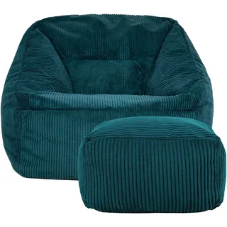 I.C.O.N. icon Sitzsack Sessel mit Hocker für Erwachsene, Blaugrün, Flauschiger Cord Stoff, Riesen Sitzsack Cord mit Füllung, Bean Bag Chair, Bequemer Sessel, Wohnzimmer, Lounge, Schlafzimmer, Büro
