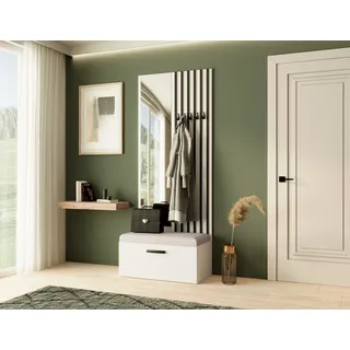 Garderobe MARGARET II, Farbe: Weiß + Schwarze Lamellen + Hellbeige, mit Spiegel - Weiß, Schwarz, Beige