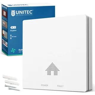 Unitec Kohlenmonoxidmelder mit Lithium-Ionen-Batterie, bis zu 10 Jahre Laufzeit, kabellose Installation, Bauhöhe 25 mm, CO Alarmempfindlichkeit ab 50 ppm, Weiß