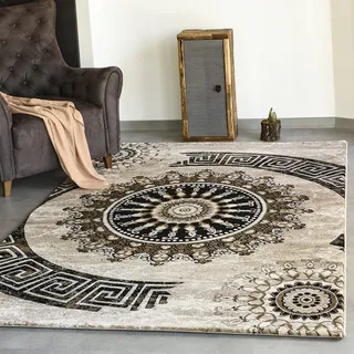 VIMODA Teppich kurzflor Klassisch Orient Design Vintage Mandala Dunkelbraun Braun Beige, für Wohnzimmer, Schlafzimmer, Maße:120 x 170 cm
