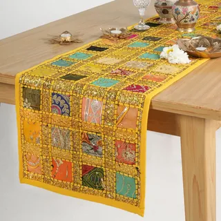 Patchwork Indischer Baumwolle Tischläufer Gelb 40x182 cm Dekorativ Rajasthani Handbestickt Buntes Luxuskaffee Essen Stil Tisch Dekoration