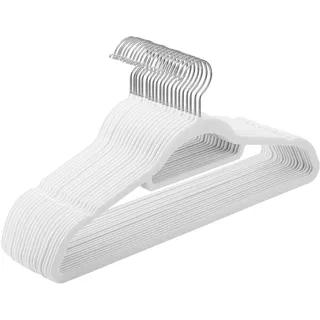 SONGMICS Kleiderbügel Samt, 20er Set, Bügel, rutschfest, kleine Stange für Krawatten, 360° drehbarer Haken, 0,6 cm dick, platzsparend, 43,5 cm lang, für Mäntel, Hosen, Silber-Weiß CRF020W01