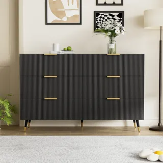 Merax Kommode mit goldenen Griffe und Beine aus Metall, Sideboard mit 6 Schubladen, Modern Design Schrank Aufbewahrungsschrank, 120x77x40cm, Schwarz - Schwarz