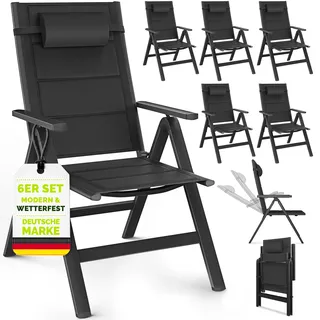 tillvex Gartenstuhl mit Polster Premium 6 Stück Schwarz klappbar aus Aluminium | Hochlehner mit Armlehnen | Klappstuhl verstellbar | Klappsessel Balkon Garten Terrasse - Schwarz