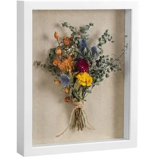 SONGMICS 3D Bilderrahmen zum Befüllen, Fotorahmen mit Schnur, Klammern, Stecknadeln, DIY, Schaumstoffplatte mit Leinenoberfläche, Glas, MDF, 22,5 x 4 x 27,5 cm, Geschenkidee, weiß RPF007W01