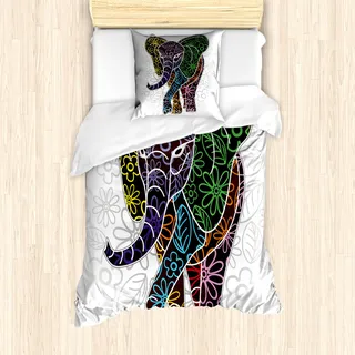 ABAKUHAUS Elefant Bettbezug Set für Einzelbetten, Floral Tribal Formen, Milbensicher Allergiker geeignet mit Kissenbezug, Beige Grün und Gelb