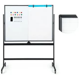 FANTASK Doppelseitiges mobiles Whiteboard, 120 x 90 cm, Trocken abwischbares magnetisches Whiteboard mit Gittermuster, Rollen, Ständer und Stiftablage, inkl. Zubehör für Büro, Zuhause (Schwarz)