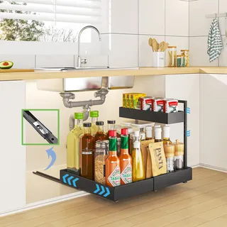 YunNasi Schrank Organizer Küche, 2 Etagen Unterschrank Organizer, Ausziehbare Schublade Küche, Erweiterbar Schrankregal für Bad, Gewürzregal (Schwarz)