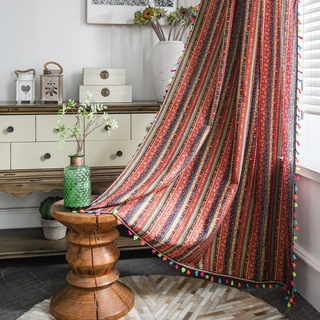 Freyamy Vorhang 180x150cm Boho Rot Bunt Baumwolle Leinen Landhausstil Vintage Vertikale Streifen Blickdicht Gardinen mit Beige Quasten 2er Set Geometrisch Makramee Verdunklungsvorhänge Bauernhaus